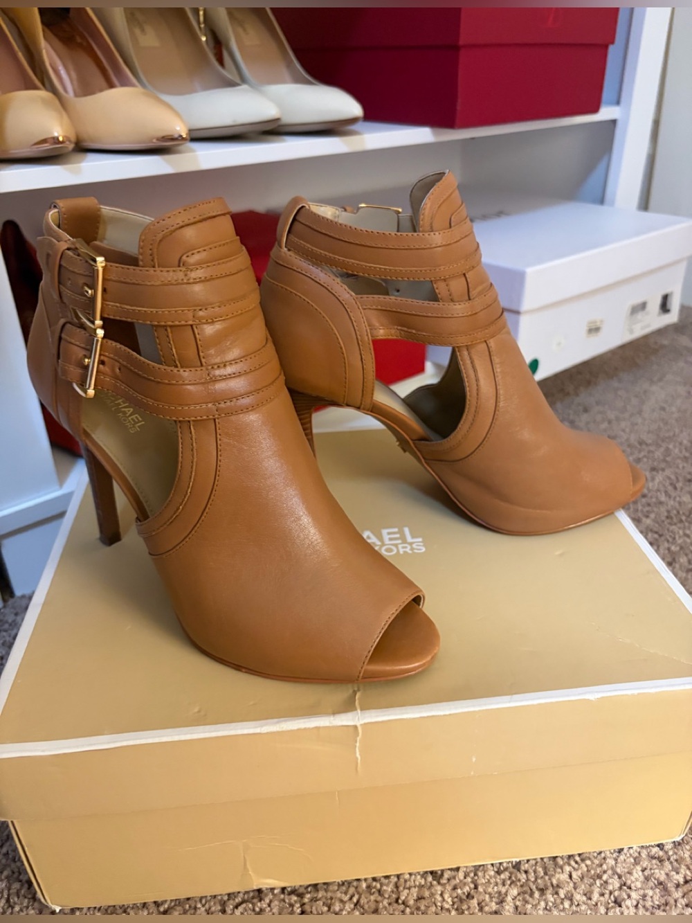 Michael Kors Camel/ Light Brown Leather Peep-Toe Strappy Heeled Booties Boots
